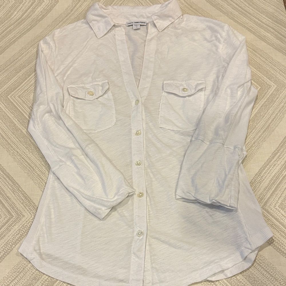 James Perse White Contrast Panel Shirt Button Down with 3/4 Sleeves Size 1